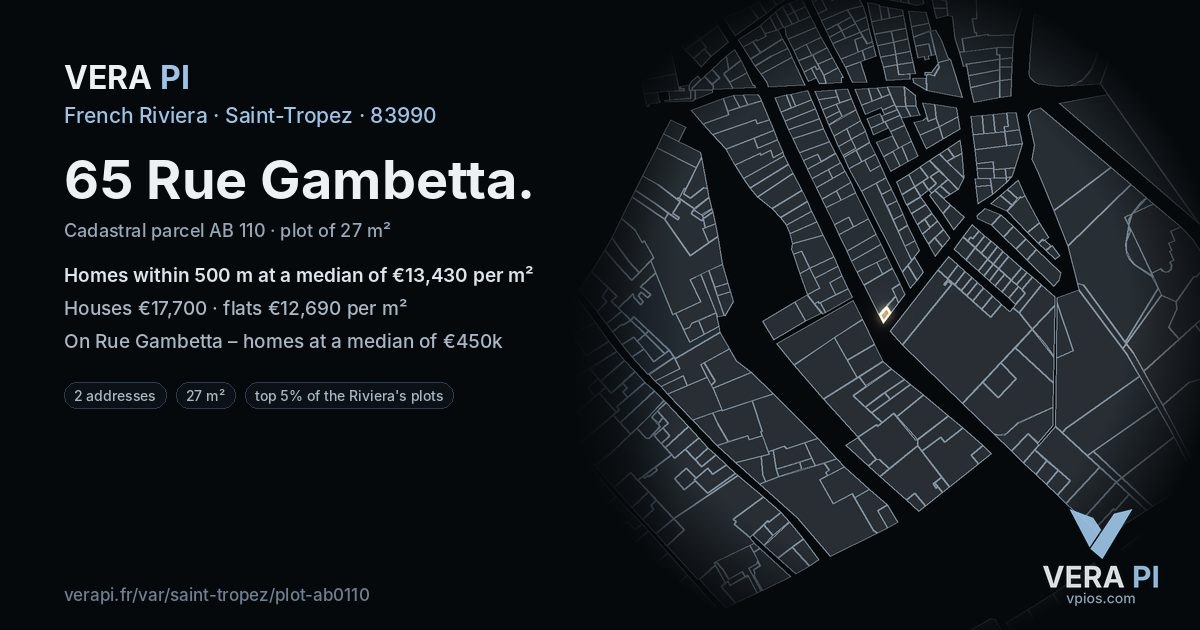 65 Rue Gambetta, Saint-Tropez at night – the plot lit, the parcels around coloured by the prices near them