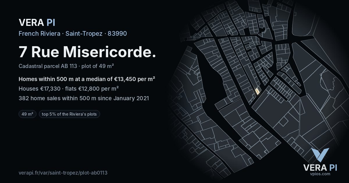 7 Rue Misericorde, Saint-Tropez at night – the plot lit, the parcels around coloured by the prices near them