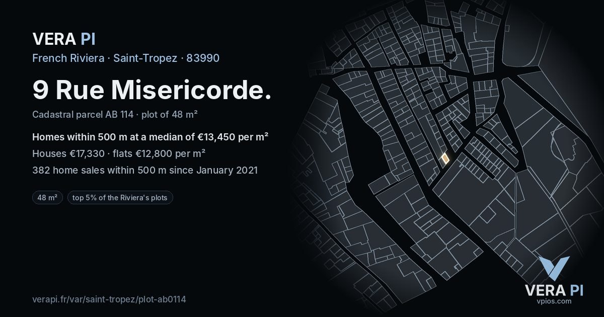 9 Rue Misericorde, Saint-Tropez at night – the plot lit, the parcels around coloured by the prices near them