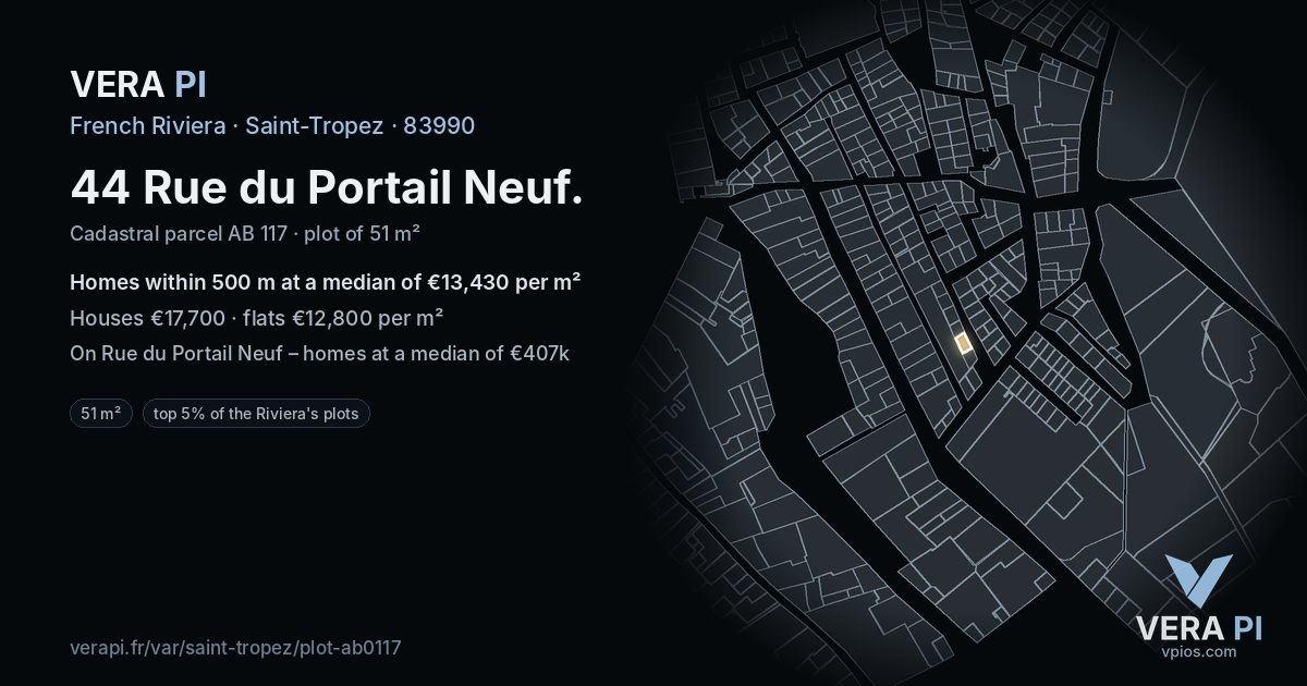 44 Rue du Portail Neuf, Saint-Tropez at night – the plot lit, the parcels around coloured by the prices near them