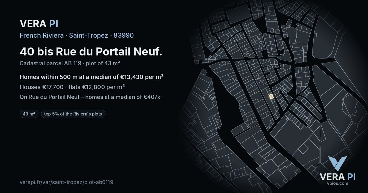 40 bis Rue du Portail Neuf, Saint-Tropez at night – the plot lit, the parcels around coloured by the prices near them
