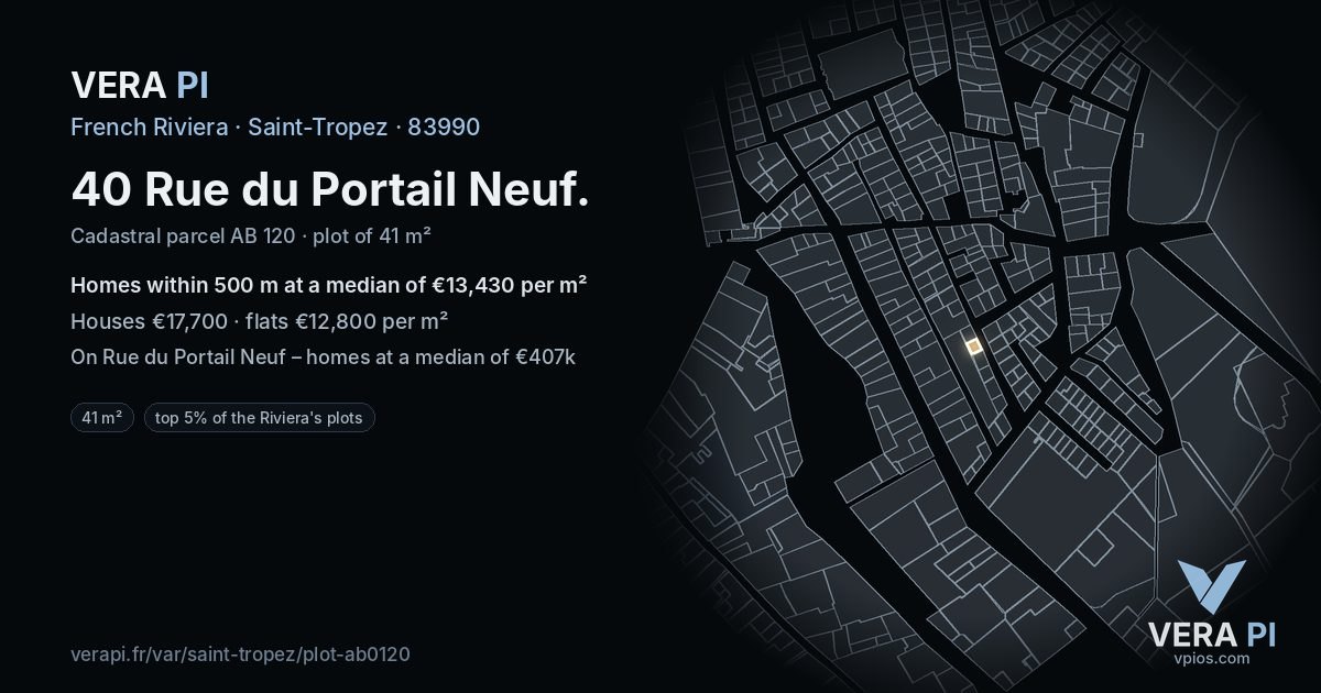 40 Rue du Portail Neuf, Saint-Tropez at night – the plot lit, the parcels around coloured by the prices near them