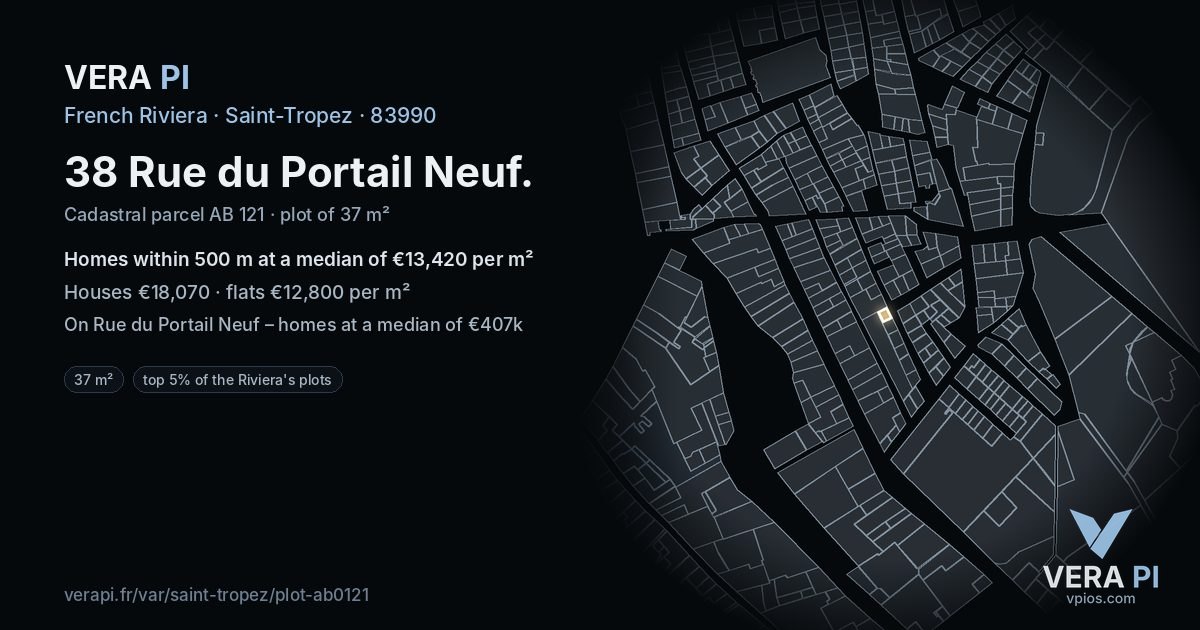 38 Rue du Portail Neuf, Saint-Tropez at night – the plot lit, the parcels around coloured by the prices near them