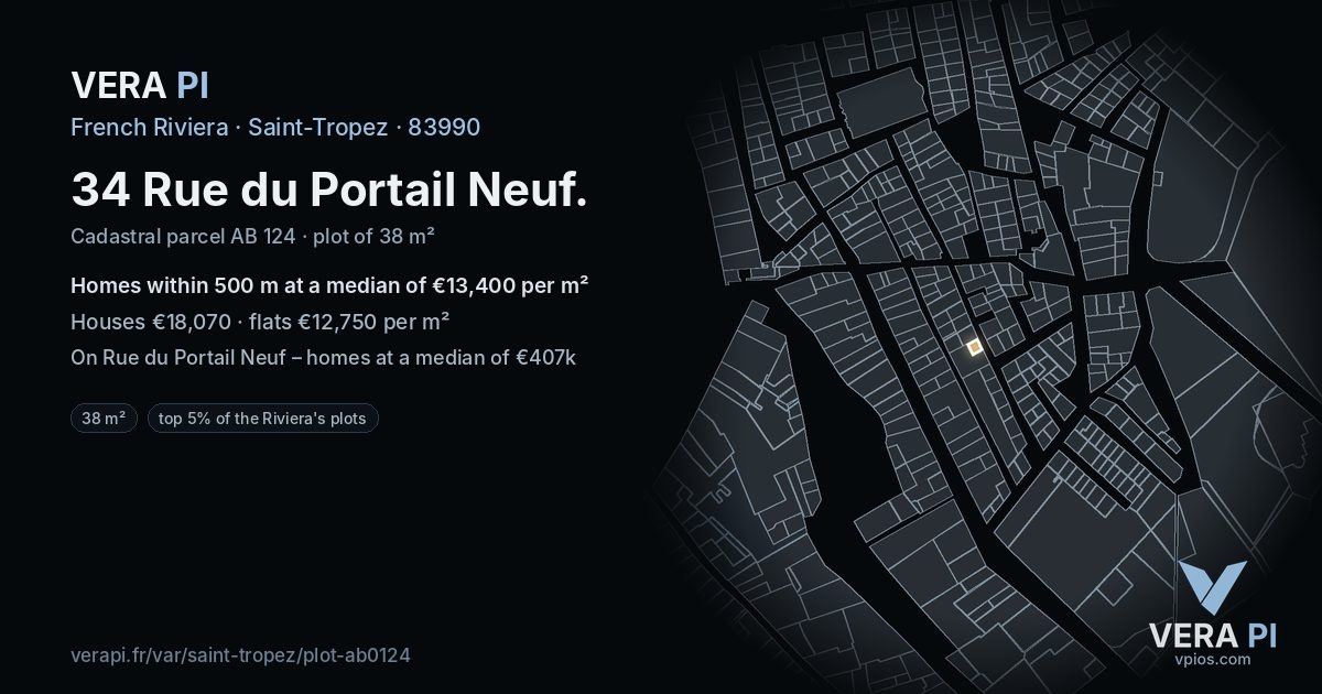 34 Rue du Portail Neuf, Saint-Tropez at night – the plot lit, the parcels around coloured by the prices near them