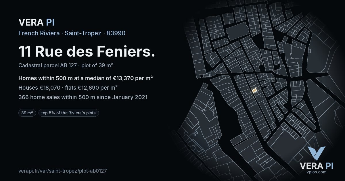 11 Rue des Feniers, Saint-Tropez at night – the plot lit, the parcels around coloured by the prices near them