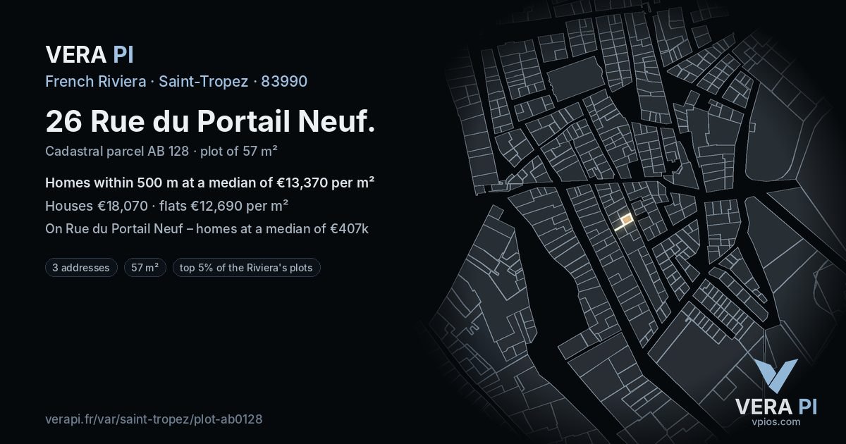 26 Rue du Portail Neuf, Saint-Tropez at night – the plot lit, the parcels around coloured by the prices near them