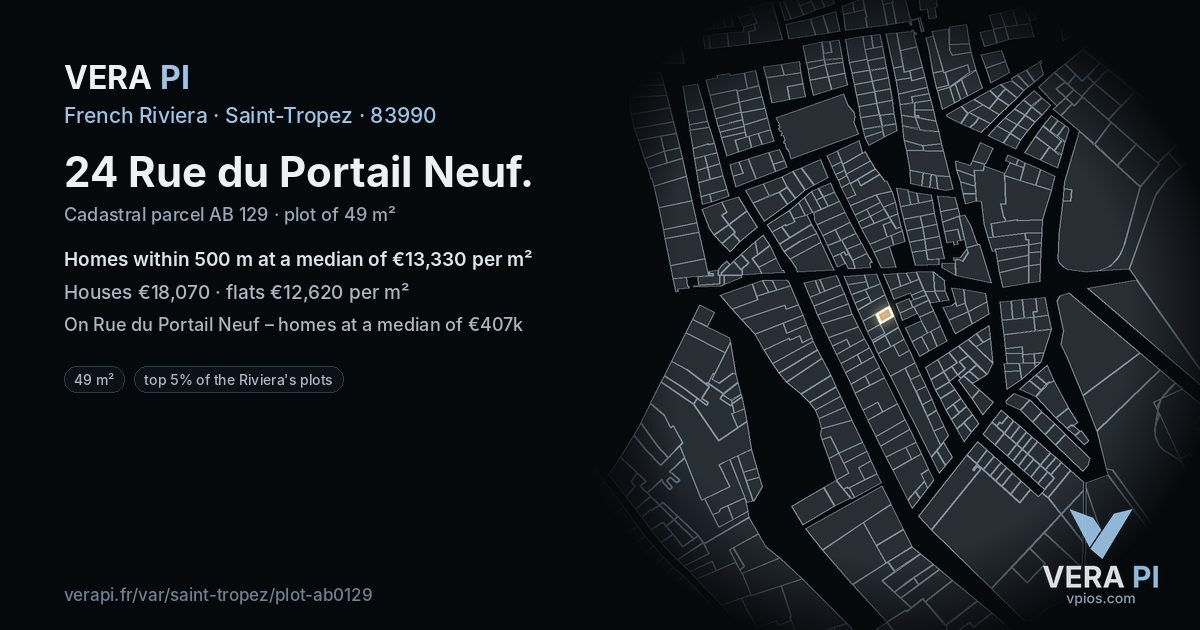 24 Rue du Portail Neuf, Saint-Tropez at night – the plot lit, the parcels around coloured by the prices near them