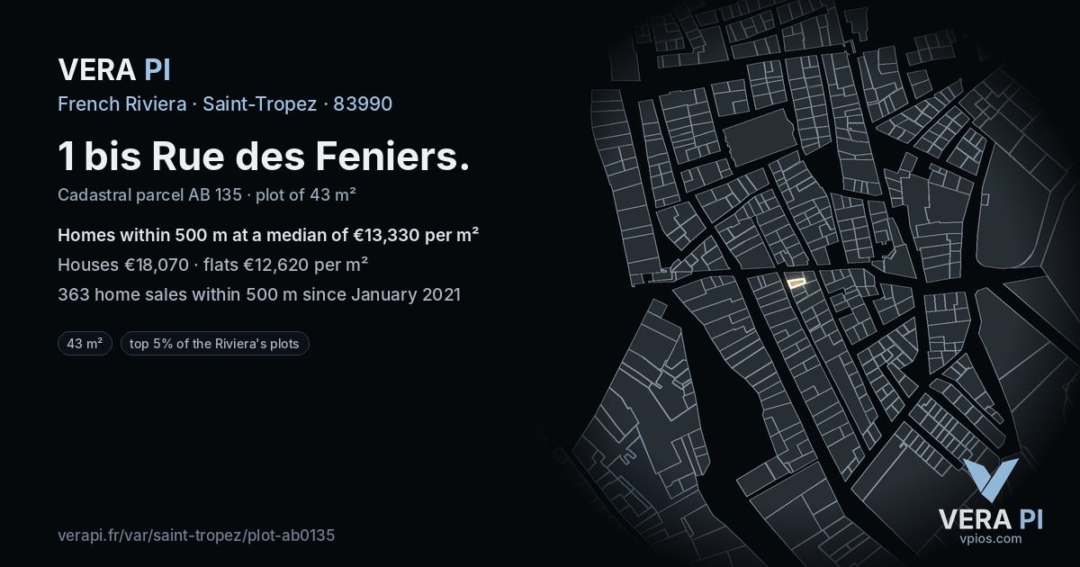 1 bis Rue des Feniers, Saint-Tropez at night – the plot lit, the parcels around coloured by the prices near them