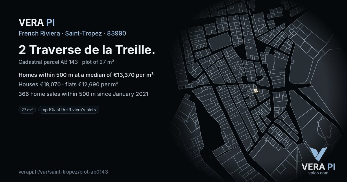 2 Traverse de la Treille, Saint-Tropez at night – the plot lit, the parcels around coloured by the prices near them