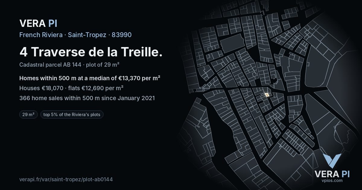 4 Traverse de la Treille, Saint-Tropez at night – the plot lit, the parcels around coloured by the prices near them