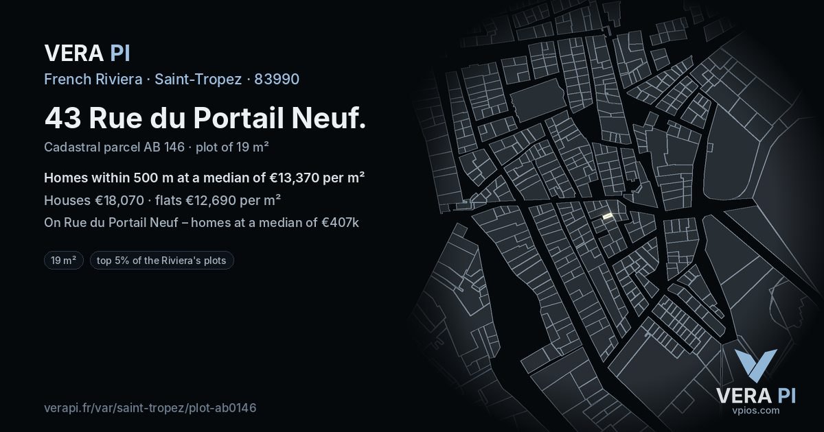 43 Rue du Portail Neuf, Saint-Tropez at night – the plot lit, the parcels around coloured by the prices near them