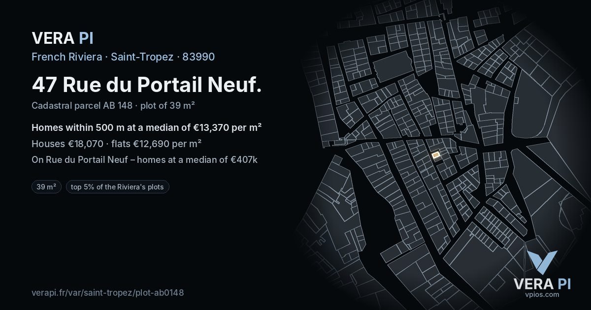 47 Rue du Portail Neuf, Saint-Tropez at night – the plot lit, the parcels around coloured by the prices near them