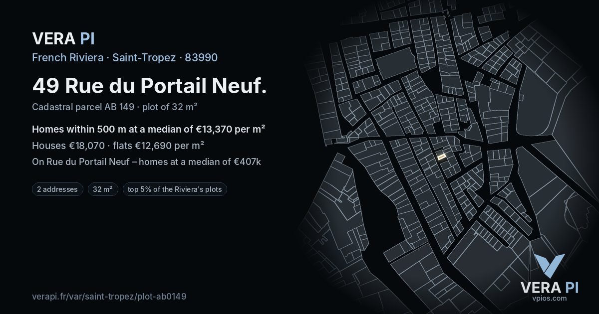 49 Rue du Portail Neuf, Saint-Tropez at night – the plot lit, the parcels around coloured by the prices near them