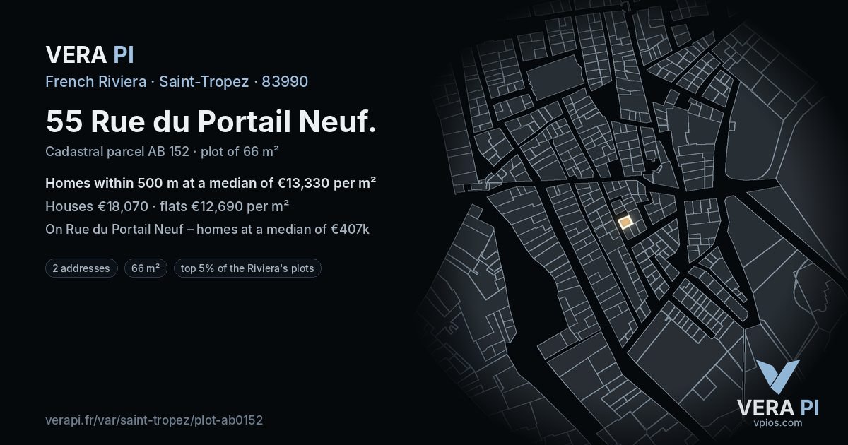 55 Rue du Portail Neuf, Saint-Tropez at night – the plot lit, the parcels around coloured by the prices near them