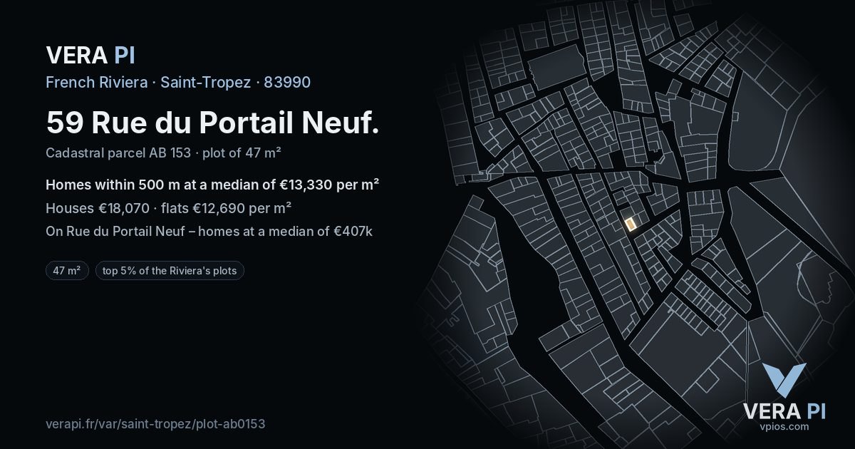 59 Rue du Portail Neuf, Saint-Tropez at night – the plot lit, the parcels around coloured by the prices near them