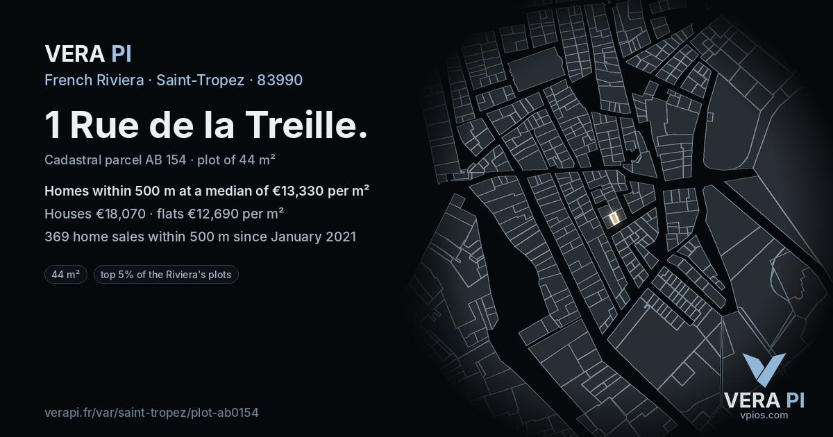 1 Rue de la Treille, Saint-Tropez at night – the plot lit, the parcels around coloured by the prices near them