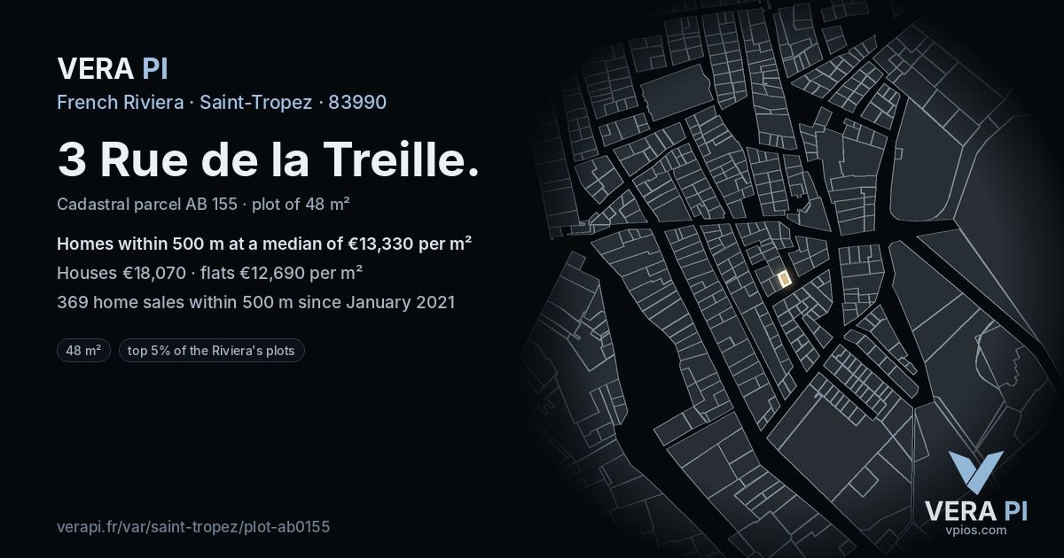 3 Rue de la Treille, Saint-Tropez at night – the plot lit, the parcels around coloured by the prices near them