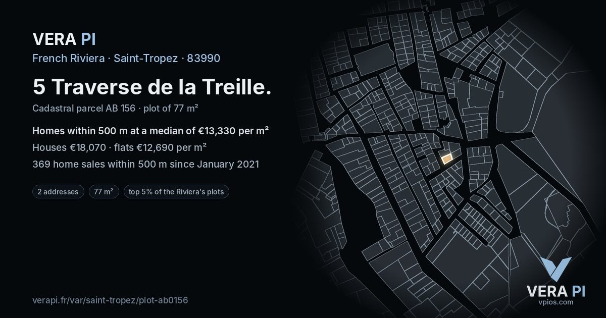 5 Traverse de la Treille, Saint-Tropez at night – the plot lit, the parcels around coloured by the prices near them