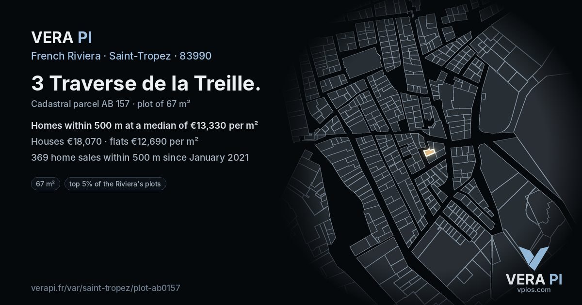 3 Traverse de la Treille, Saint-Tropez at night – the plot lit, the parcels around coloured by the prices near them