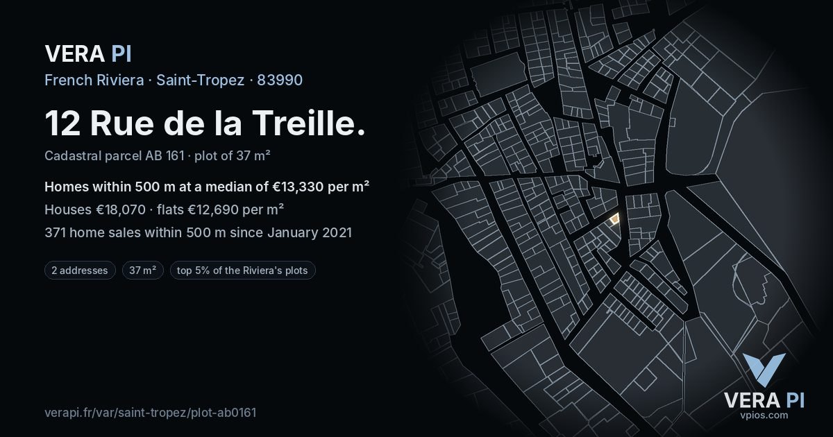 12 Rue de la Treille, Saint-Tropez at night – the plot lit, the parcels around coloured by the prices near them