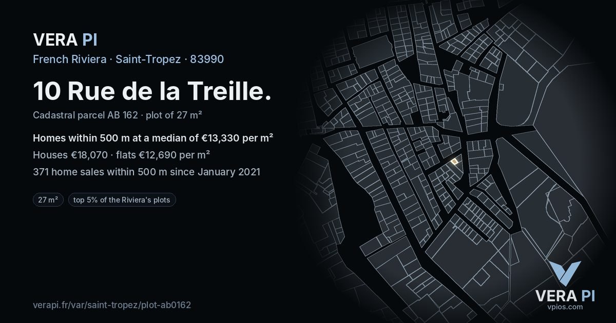 10 Rue de la Treille, Saint-Tropez at night – the plot lit, the parcels around coloured by the prices near them