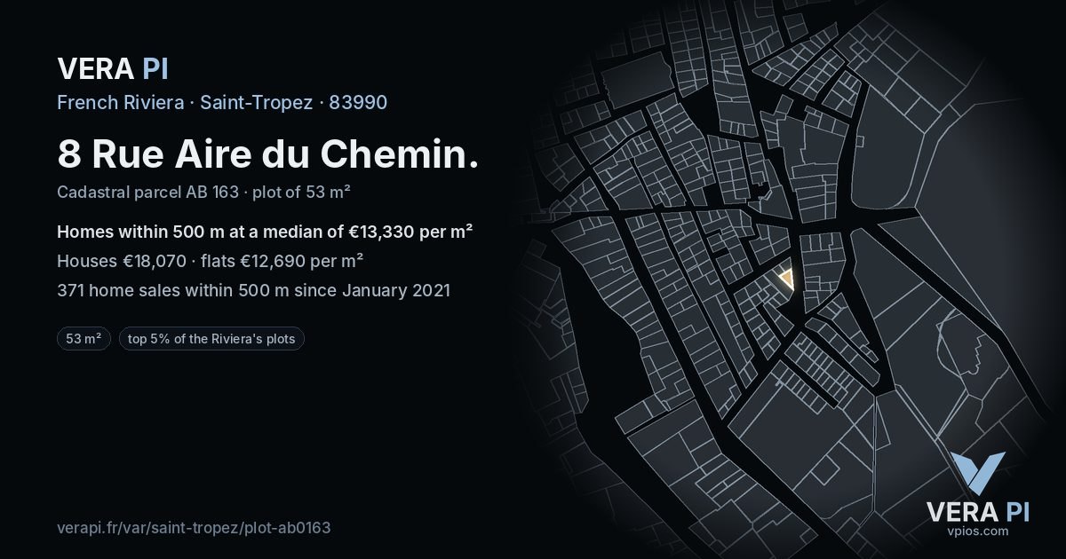 8 Rue Aire du Chemin, Saint-Tropez at night – the plot lit, the parcels around coloured by the prices near them
