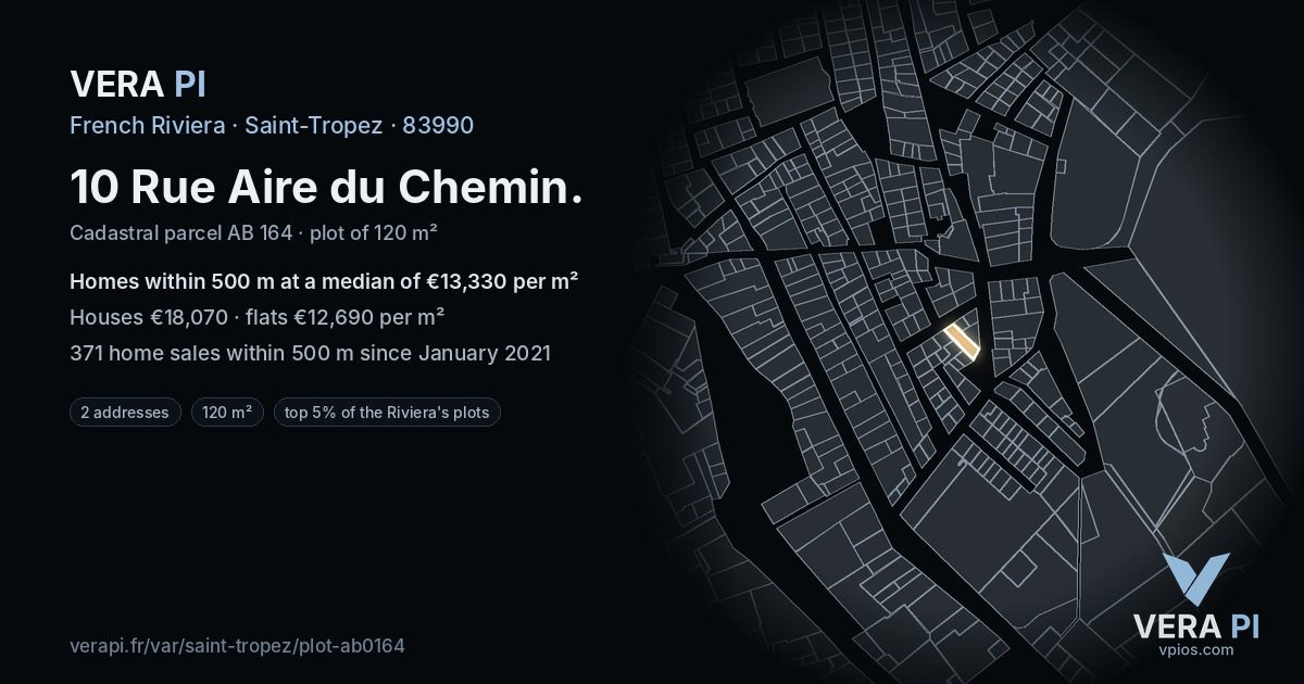 10 Rue Aire du Chemin, Saint-Tropez at night – the plot lit, the parcels around coloured by the prices near them