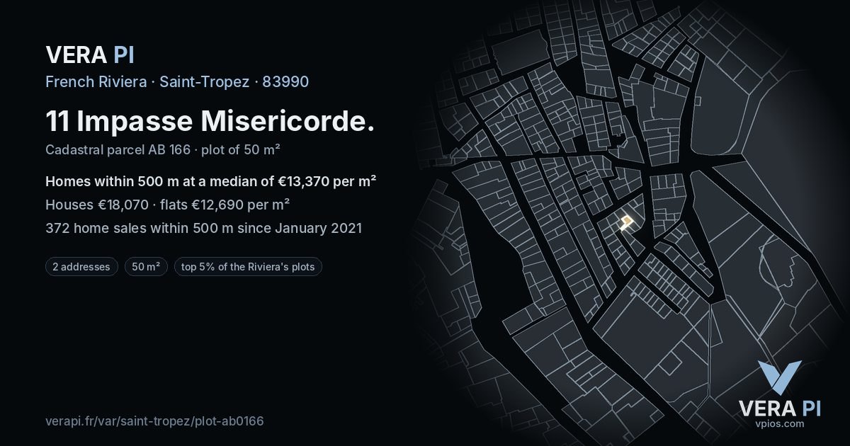11 Impasse Misericorde, Saint-Tropez at night – the plot lit, the parcels around coloured by the prices near them