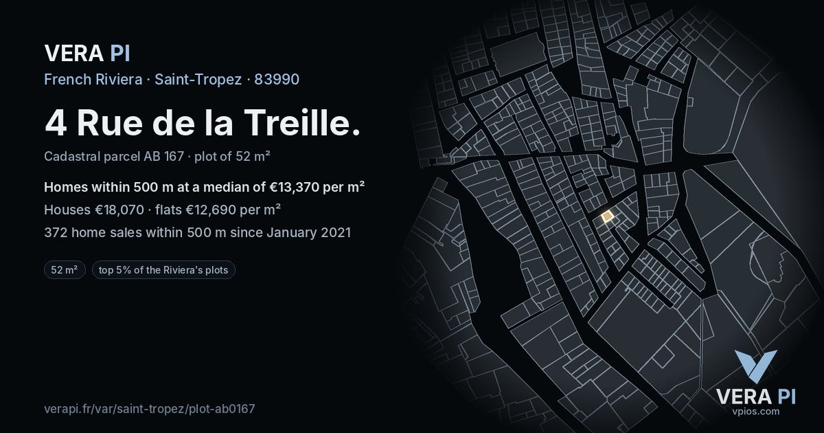 4 Rue de la Treille, Saint-Tropez at night – the plot lit, the parcels around coloured by the prices near them