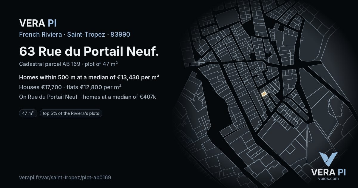63 Rue du Portail Neuf, Saint-Tropez at night – the plot lit, the parcels around coloured by the prices near them