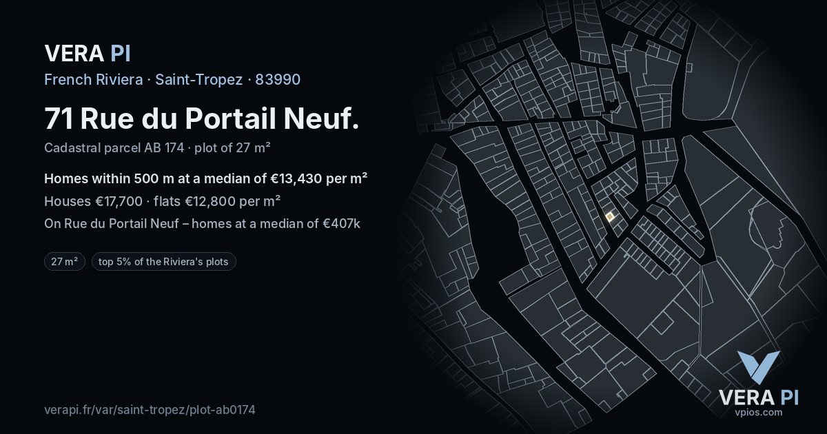 71 Rue du Portail Neuf, Saint-Tropez at night – the plot lit, the parcels around coloured by the prices near them