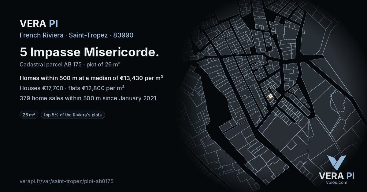 5 Impasse Misericorde, Saint-Tropez at night – the plot lit, the parcels around coloured by the prices near them