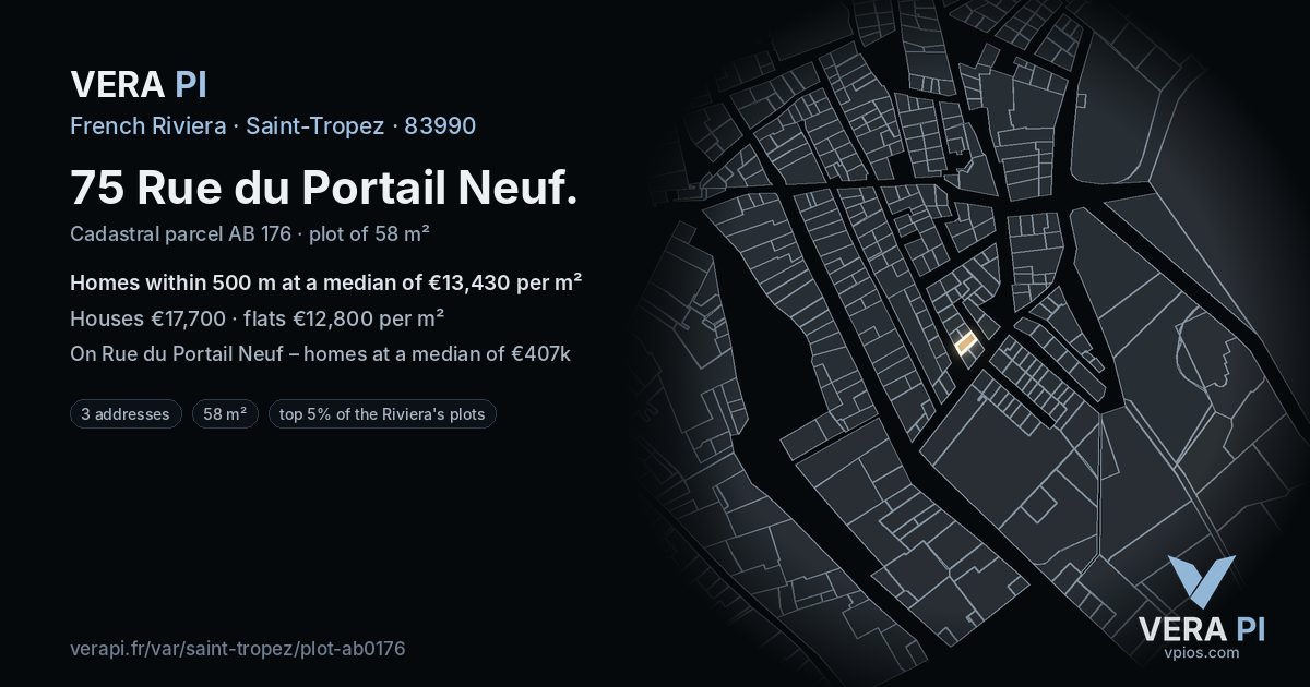 75 Rue du Portail Neuf, Saint-Tropez at night – the plot lit, the parcels around coloured by the prices near them