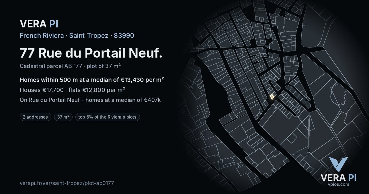 77 Rue du Portail Neuf, Saint-Tropez at night – the plot lit, the parcels around coloured by the prices near them