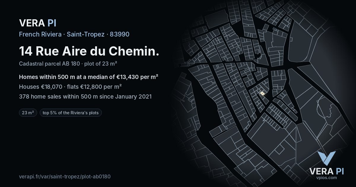 14 Rue Aire du Chemin, Saint-Tropez at night – the plot lit, the parcels around coloured by the prices near them