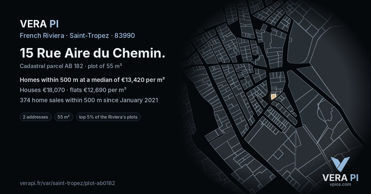15 Rue Aire du Chemin, Saint-Tropez at night – the plot lit, the parcels around coloured by the prices near them