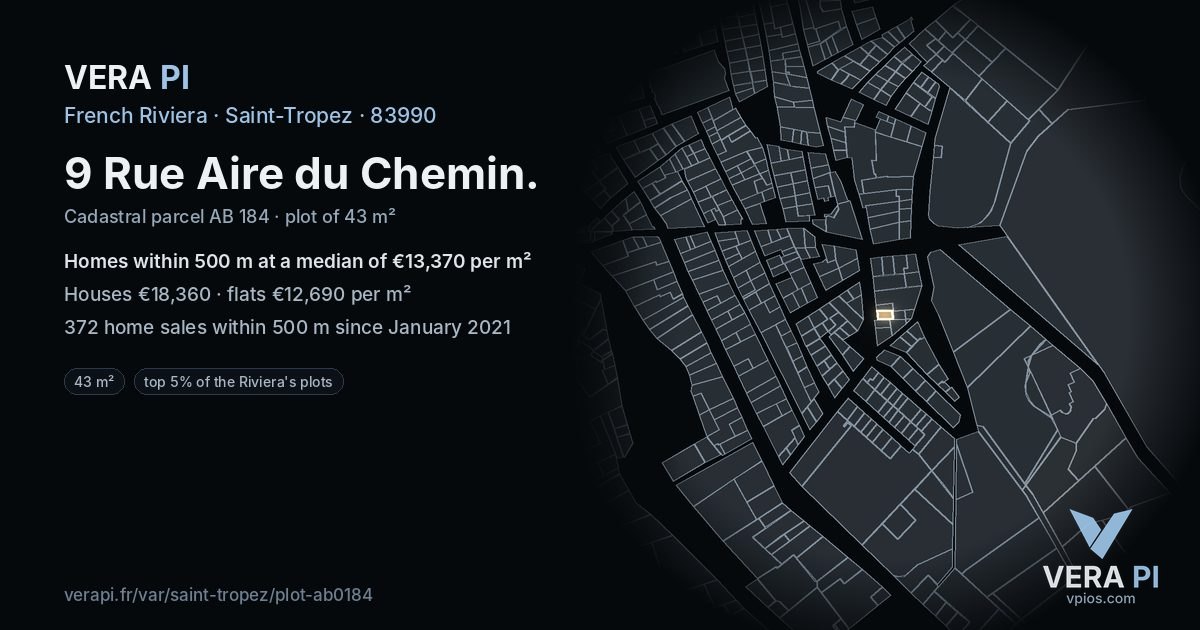 9 Rue Aire du Chemin, Saint-Tropez at night – the plot lit, the parcels around coloured by the prices near them