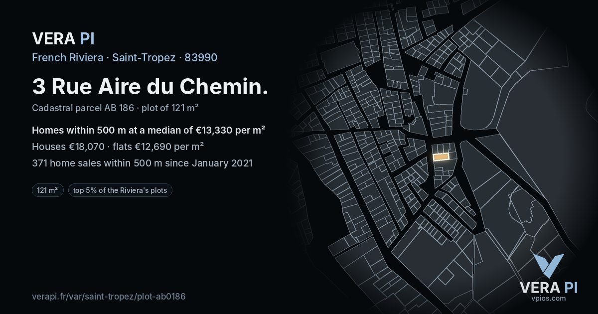 3 Rue Aire du Chemin, Saint-Tropez at night – the plot lit, the parcels around coloured by the prices near them