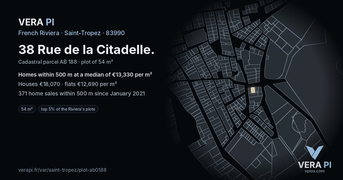 38 Rue de la Citadelle, Saint-Tropez at night – the plot lit, the parcels around coloured by the prices near them