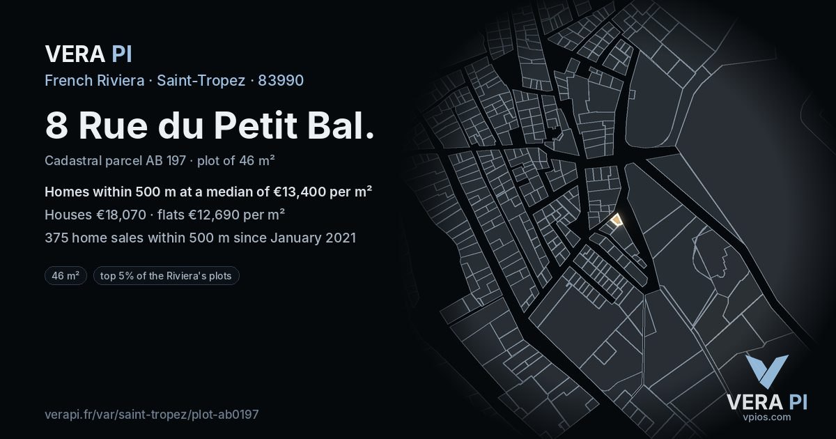 8 Rue du Petit Bal, Saint-Tropez at night – the plot lit, the parcels around coloured by the prices near them