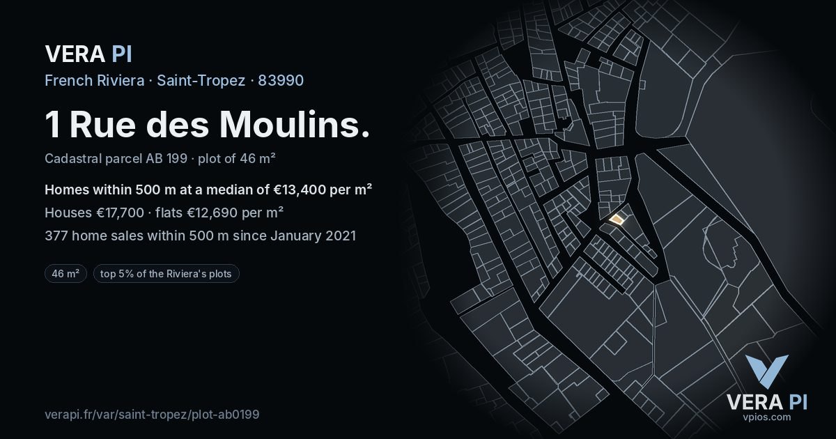 1 Rue des Moulins, Saint-Tropez at night – the plot lit, the parcels around coloured by the prices near them