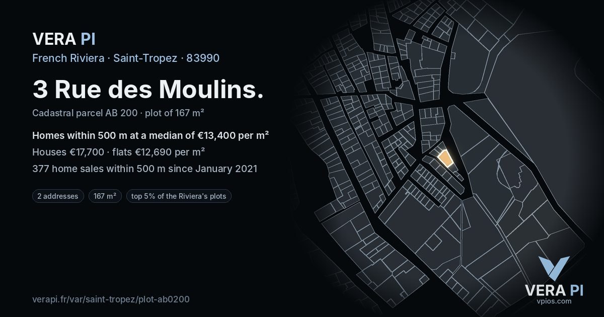 3 Rue des Moulins, Saint-Tropez at night – the plot lit, the parcels around coloured by the prices near them