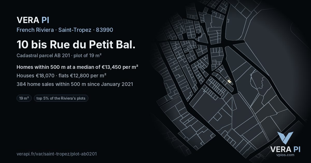 10 bis Rue du Petit Bal, Saint-Tropez at night – the plot lit, the parcels around coloured by the prices near them