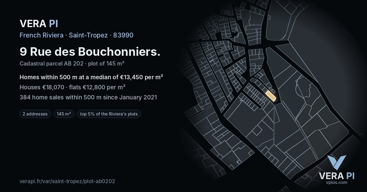9 Rue des Bouchonniers, Saint-Tropez at night – the plot lit, the parcels around coloured by the prices near them