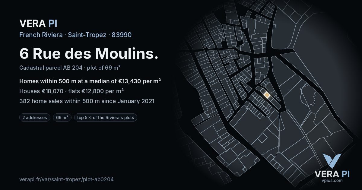 6 Rue des Moulins, Saint-Tropez at night – the plot lit, the parcels around coloured by the prices near them