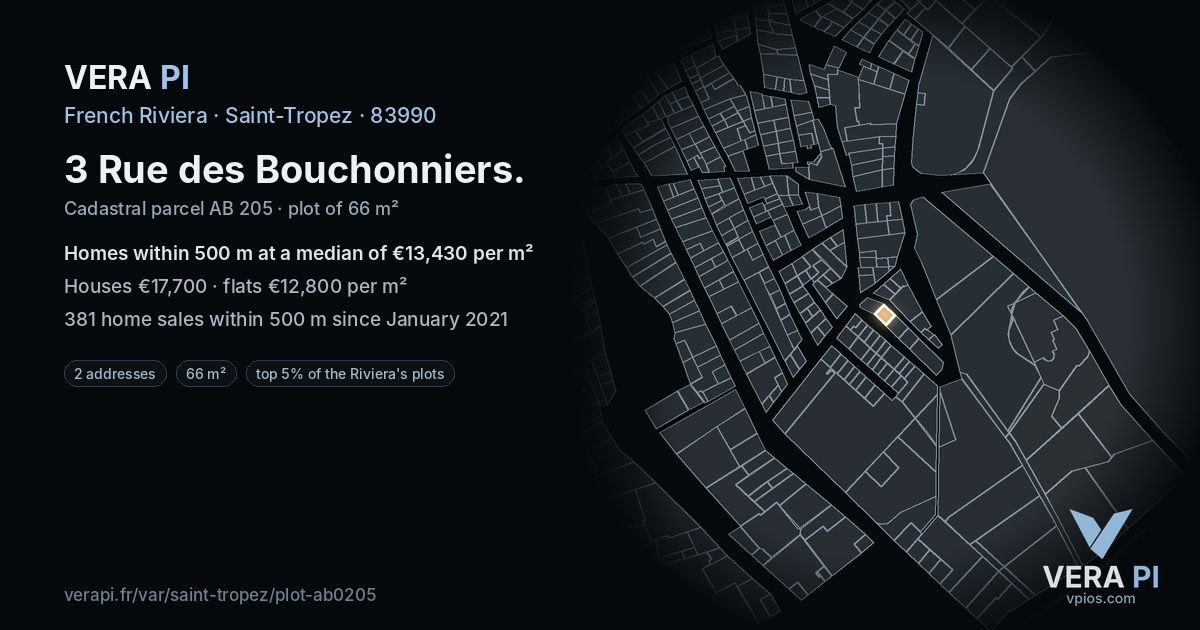 3 Rue des Bouchonniers, Saint-Tropez at night – the plot lit, the parcels around coloured by the prices near them