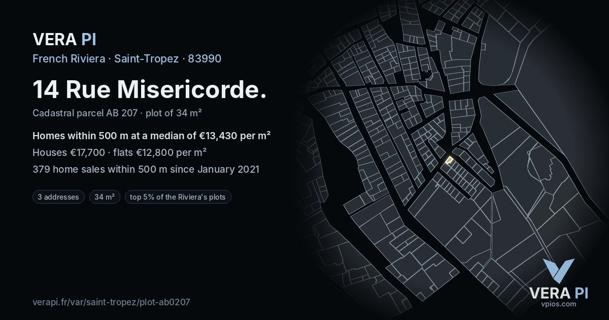 14 Rue Misericorde, Saint-Tropez at night – the plot lit, the parcels around coloured by the prices near them