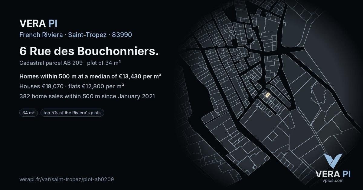 6 Rue des Bouchonniers, Saint-Tropez at night – the plot lit, the parcels around coloured by the prices near them