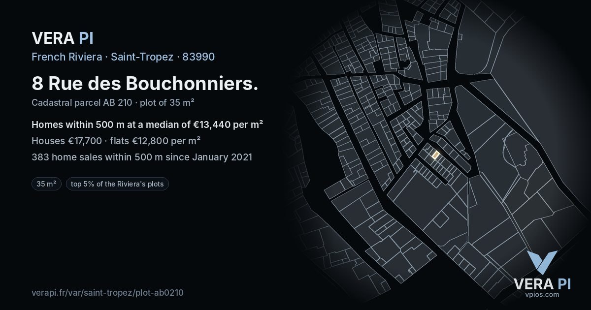 8 Rue des Bouchonniers, Saint-Tropez at night – the plot lit, the parcels around coloured by the prices near them