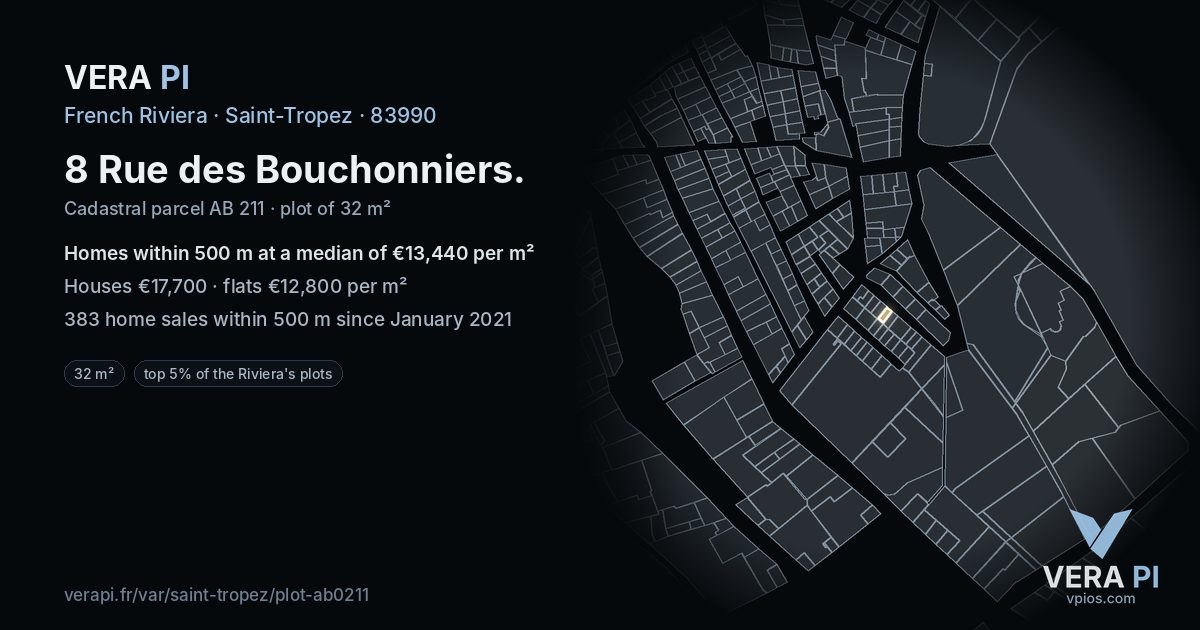 8 Rue des Bouchonniers, Saint-Tropez at night – the plot lit, the parcels around coloured by the prices near them